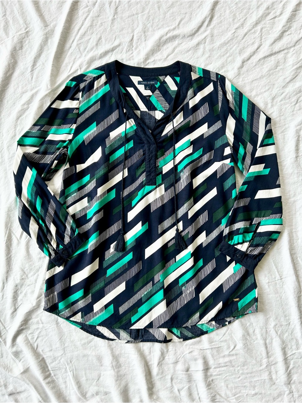 Tommy Hilfiger Abstract Geometric Print Long Sleeve Tassel Blouse